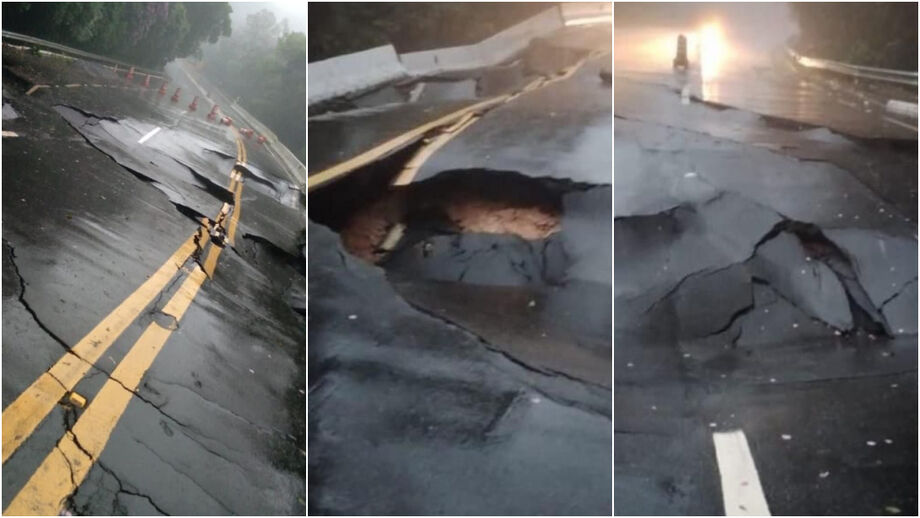 Rodovia Mogi-Bertioga fica interditada após asfalto ceder devido a fortes chuvas que atingem Litoral — Foto: Aconteceu em Bertioga