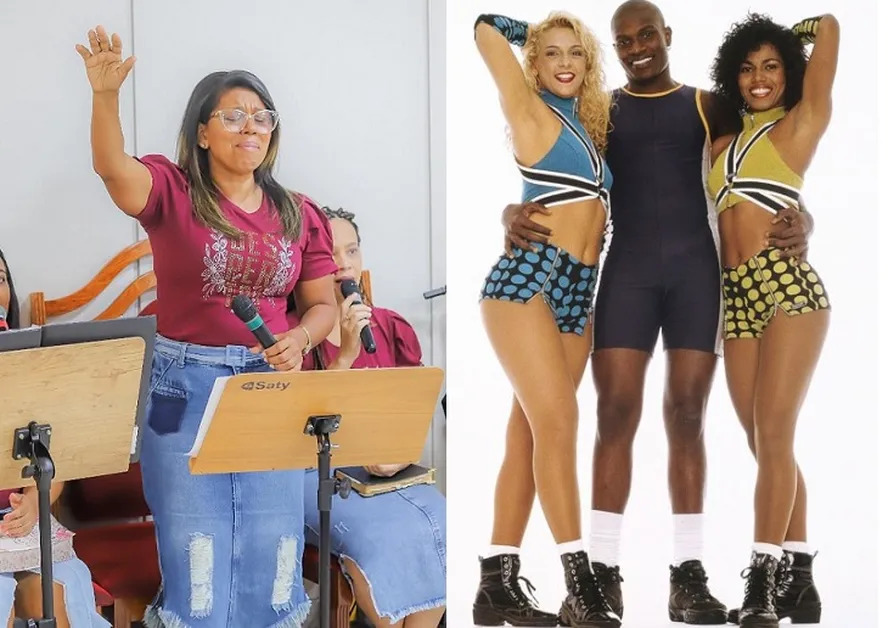 Fora das comemorações dos 30 anos do É o Tchan, Débora Brasil prega em culto: 'Eu era suja de pecado'Aos 52 anos, ex-dançarina do grupo hoje é missionária

